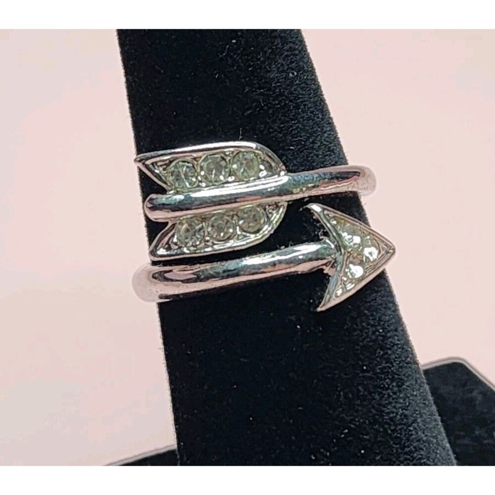 EVBEA SIZE 6.25 ARROW WRAP RHINESTONE RING SILVER TONE STATEMENT ARCHERY CUPID